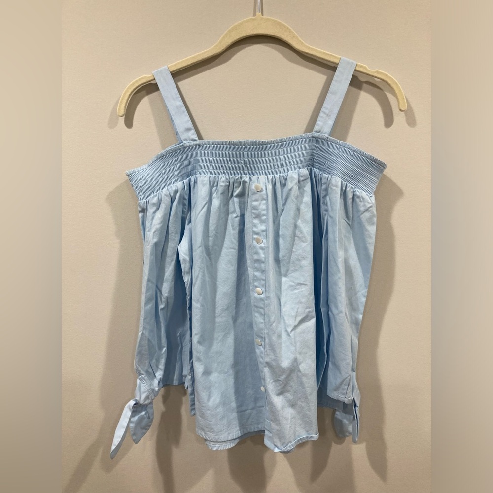 Sweet Wanderer Sky Blue Cotton Top Off the Shoulder Three Quarter length Sleeves